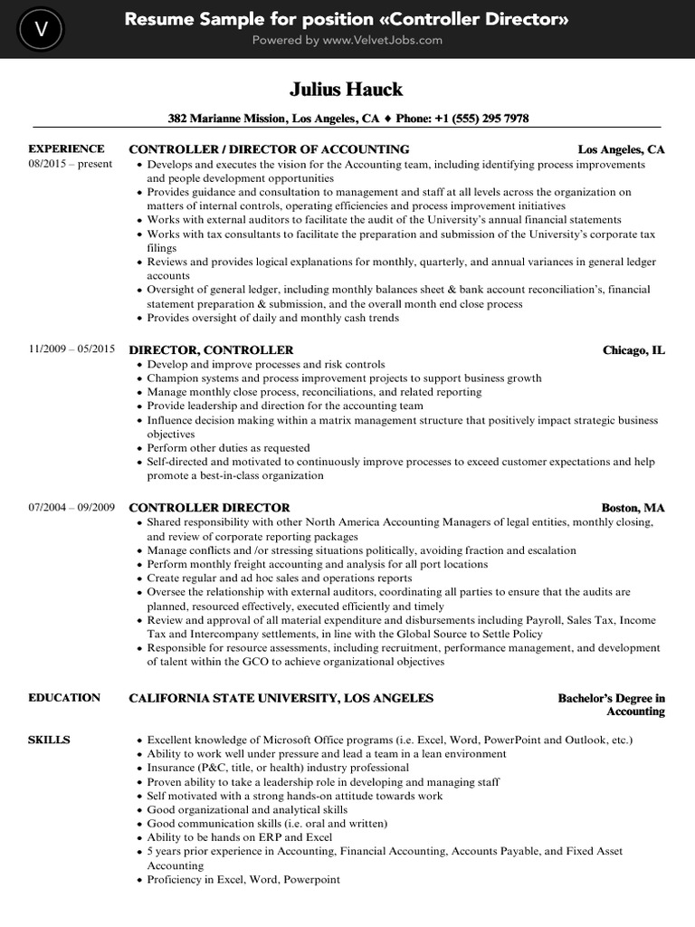 Controller Director Resume Sample | PDF | Accounting | Audit