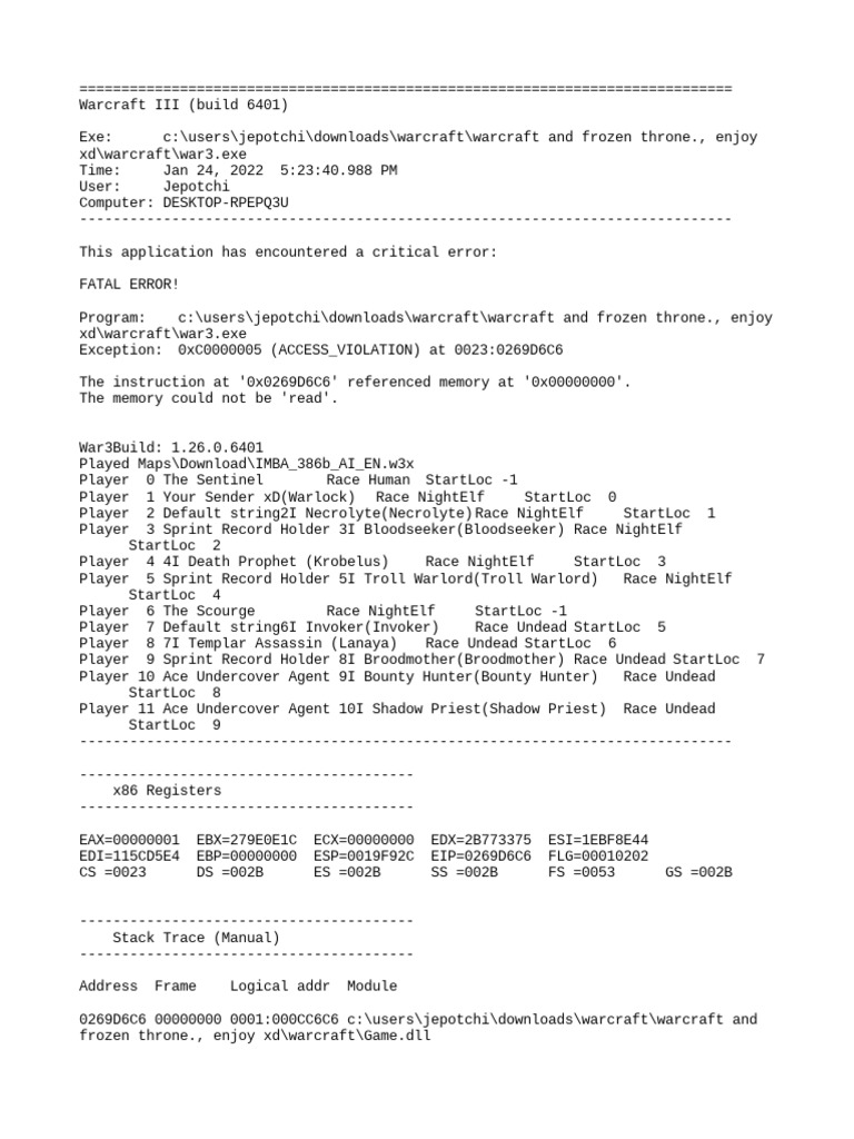 Warcraft III Critical Error Report | PDF | Computing | Computer ...
