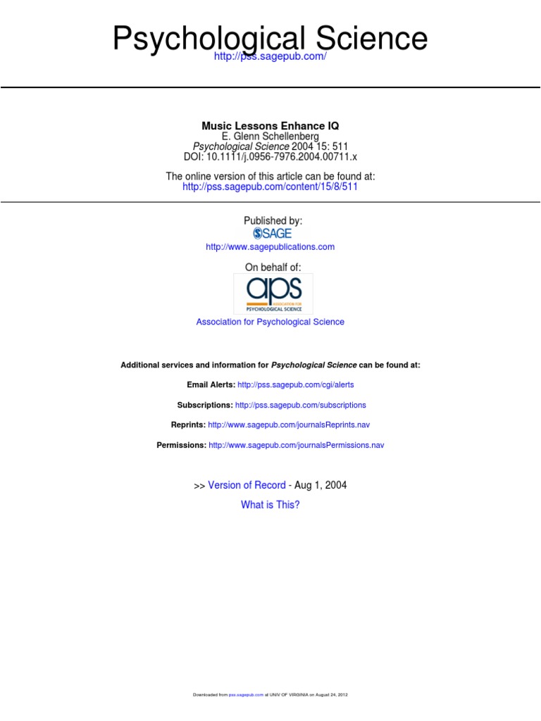 Psychological Science Music Lessons Enhance IQ PDF Wechsler Adult