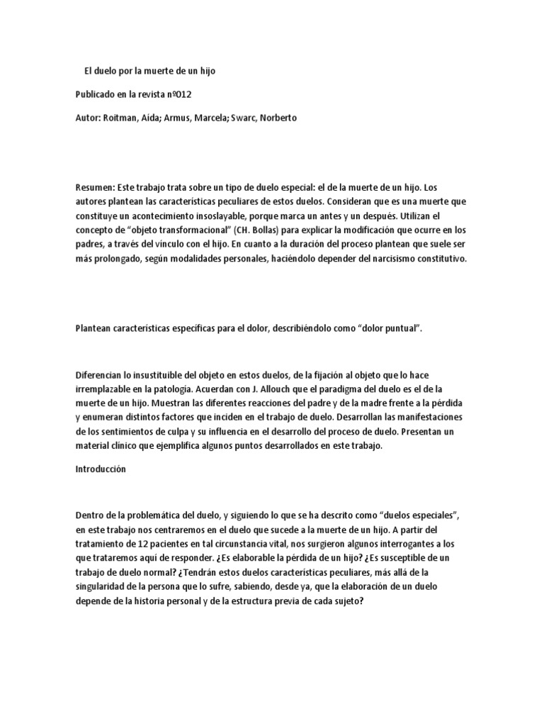 Duelo por la muerte de un hijo: características y procesos | PDF ...