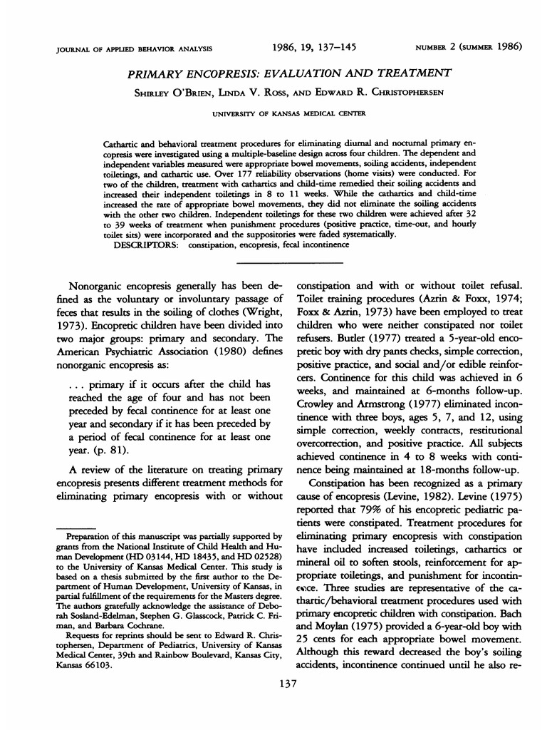 Primary Encopresis Evaluation and Treatment PDF Clinical Medicine