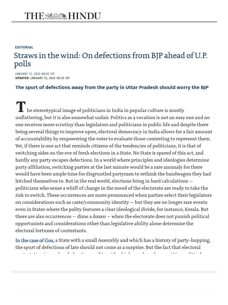 Straws in The Wind The Hindu Editorial On Defections From BJP Ahead