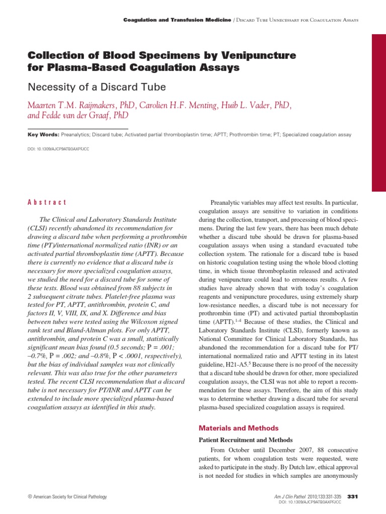 Necessity For A Discard Tube PDF Coagulation Coefficient Of Variation