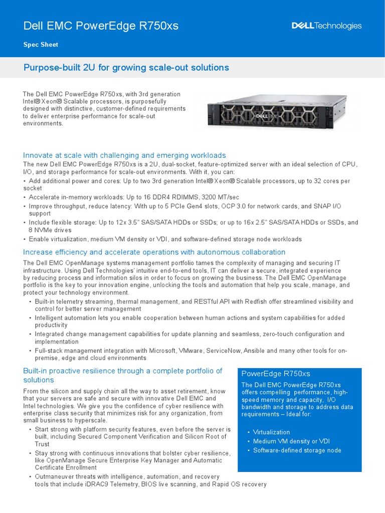 Dellemc Poweredge r750xs Spec Sheet | PDF | Solid State Drive | Scalability