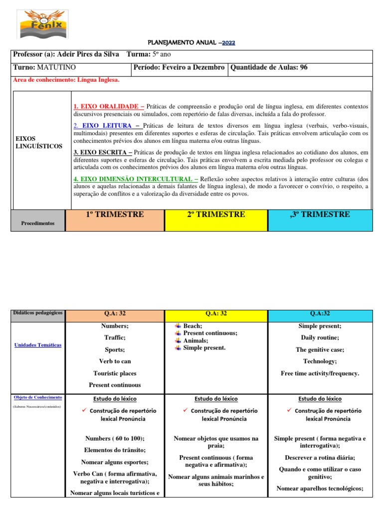 Planejamento Anual de Inglês 5º Ano | PDF | Livros | Língua inglesa