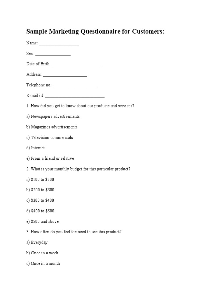 Customer Marketing Questionnaire Sample | PDF | Business | Marketing