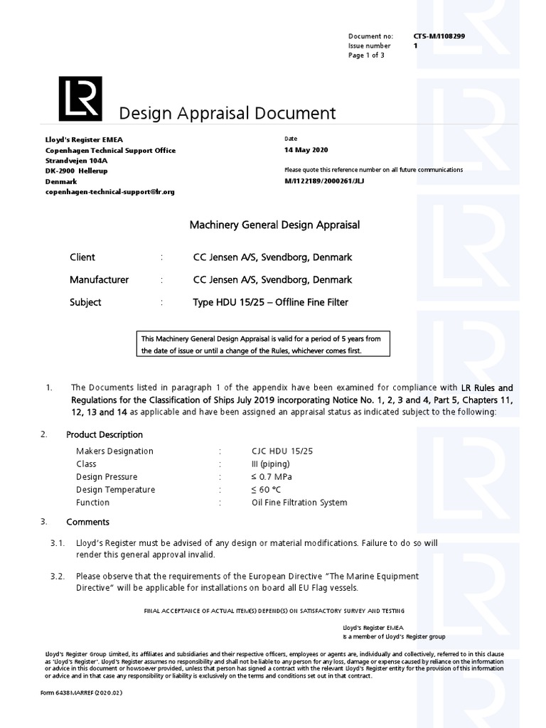 Design Appraisal and Approval of CC Jensen's Type HDU 15/25 Offline