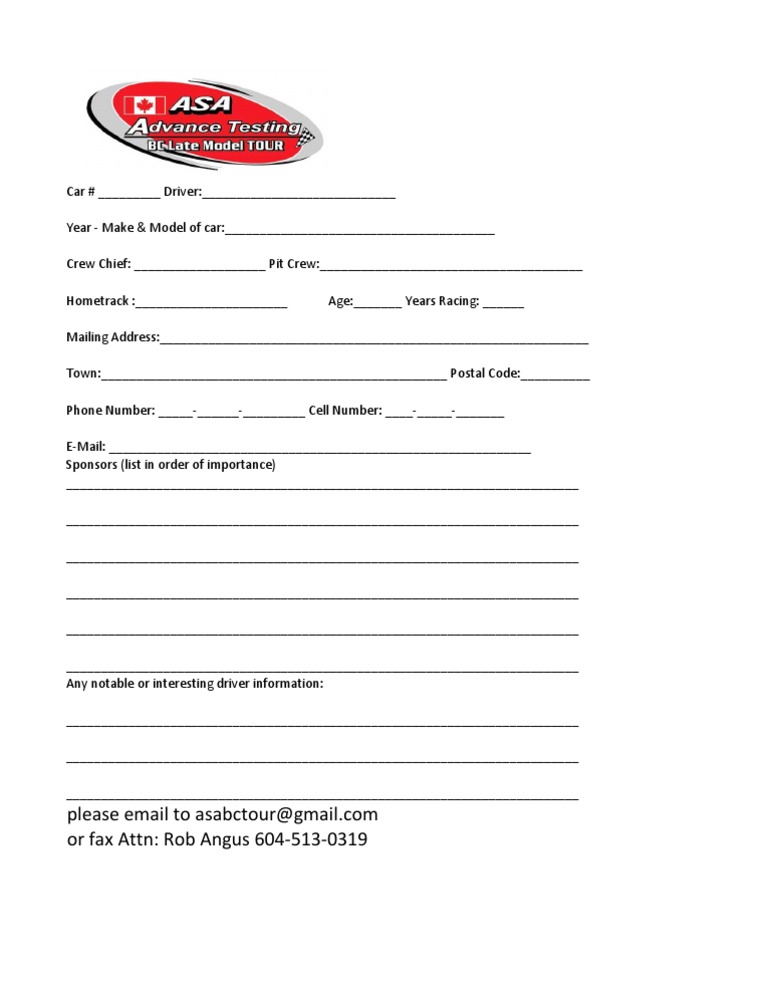 ASA Driver Information Form | PDF | Motorsport | Motor Vehicle