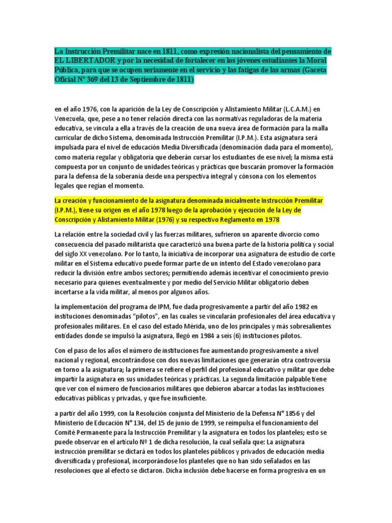 La Instrucción Premilitar Nace en 1811 | PDF | Servicio militar | Venezuela