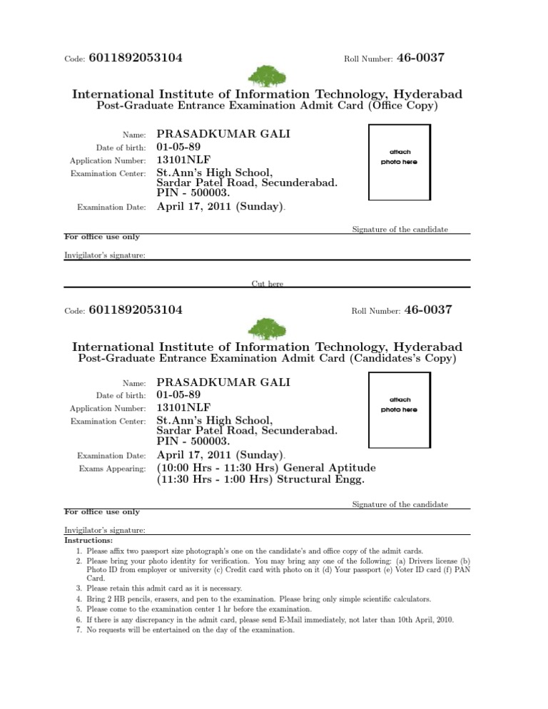 Admit Card | PDF | Identity Document | Applications Of Cryptography