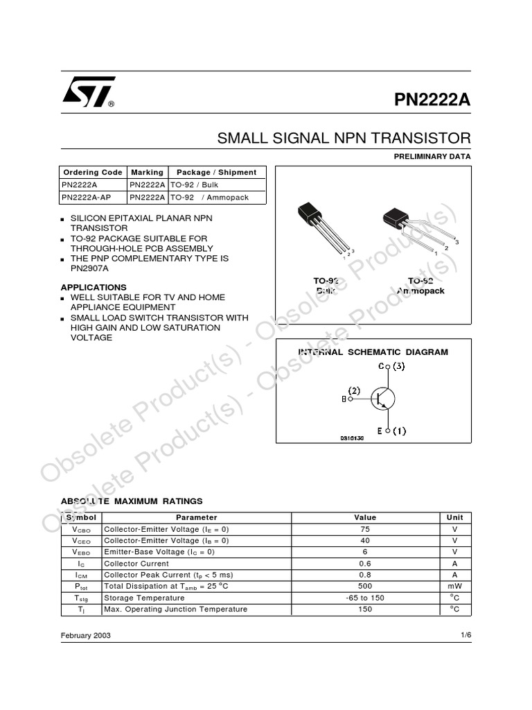 Pn2222a Datasheet PDF Bipolar Junction Transistor Transistor