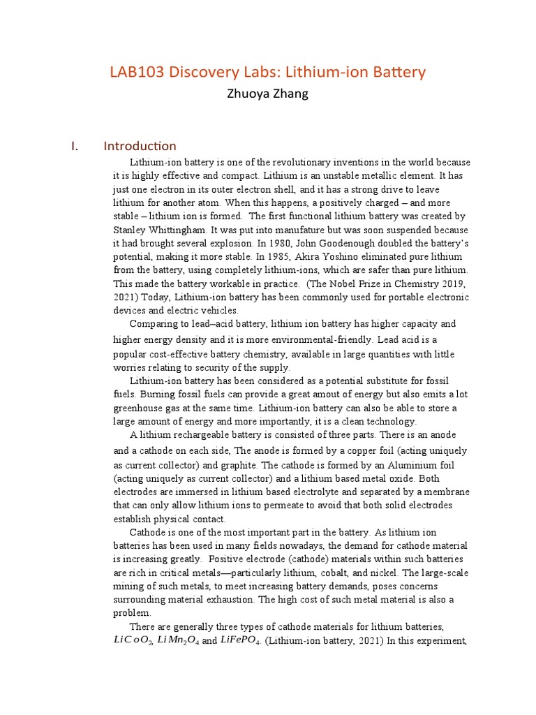 LAB103 Experiment of Lithium Ion Battery | PDF | Lithium Ion Battery ...