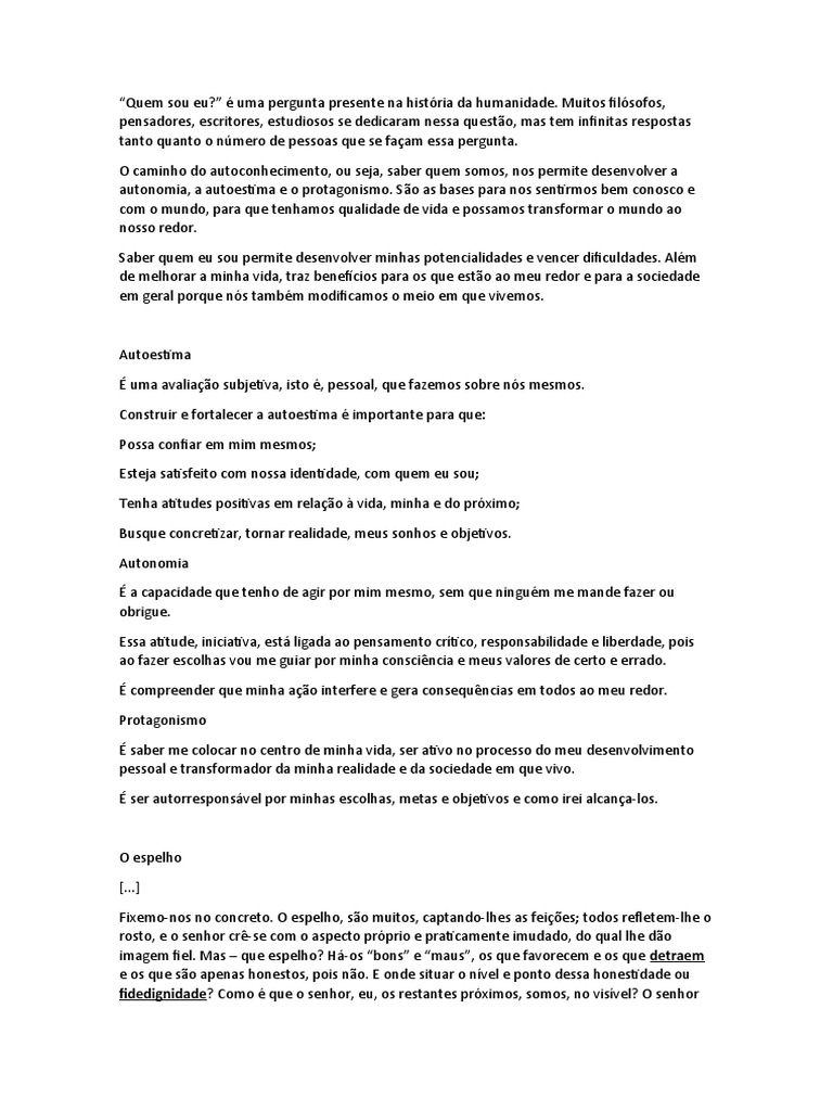 Texto Quem Sou Eu | Download grátis PDF | Autoestima | Conhecimento
