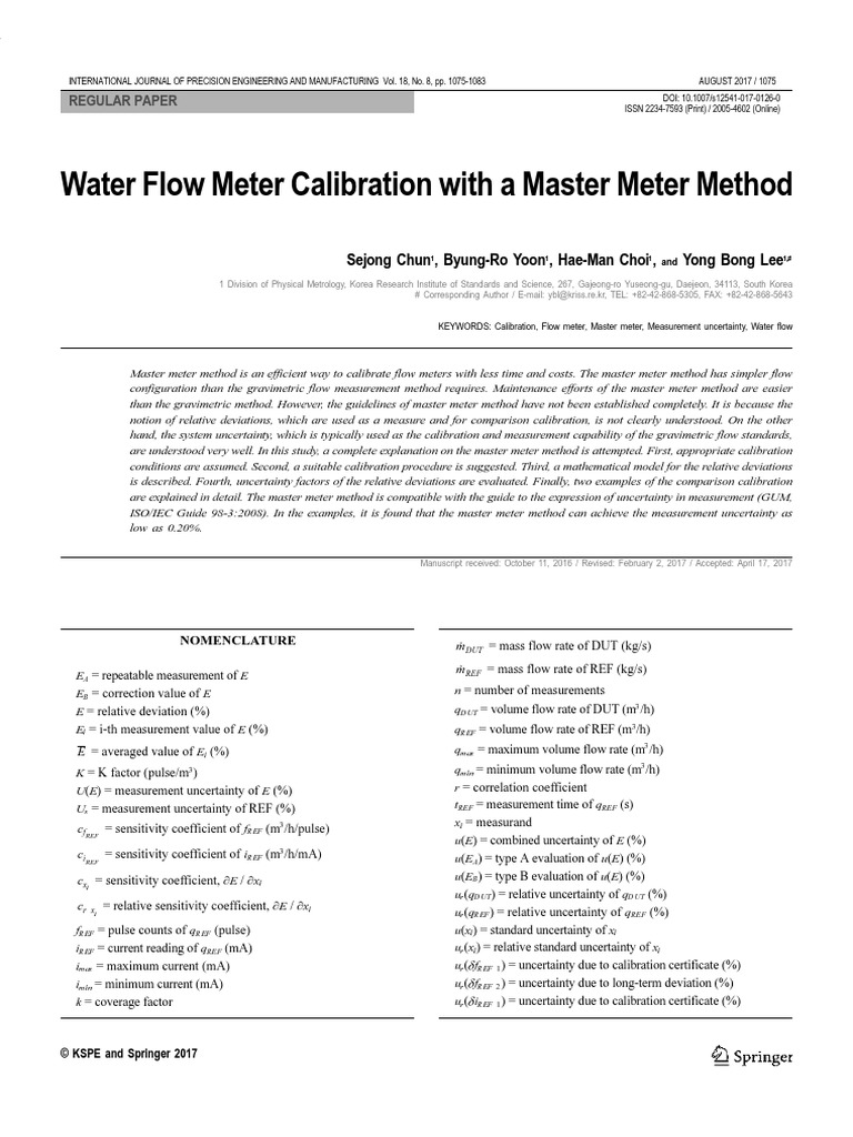 Water Flow Meter Calibration With A Master Meter Method PDF