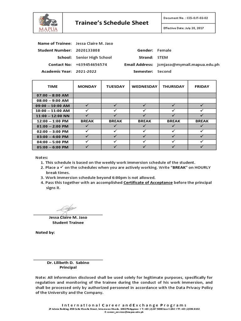 Trainee Work Immersion Schedule 2021 | PDF | Human Rights | Civil ...