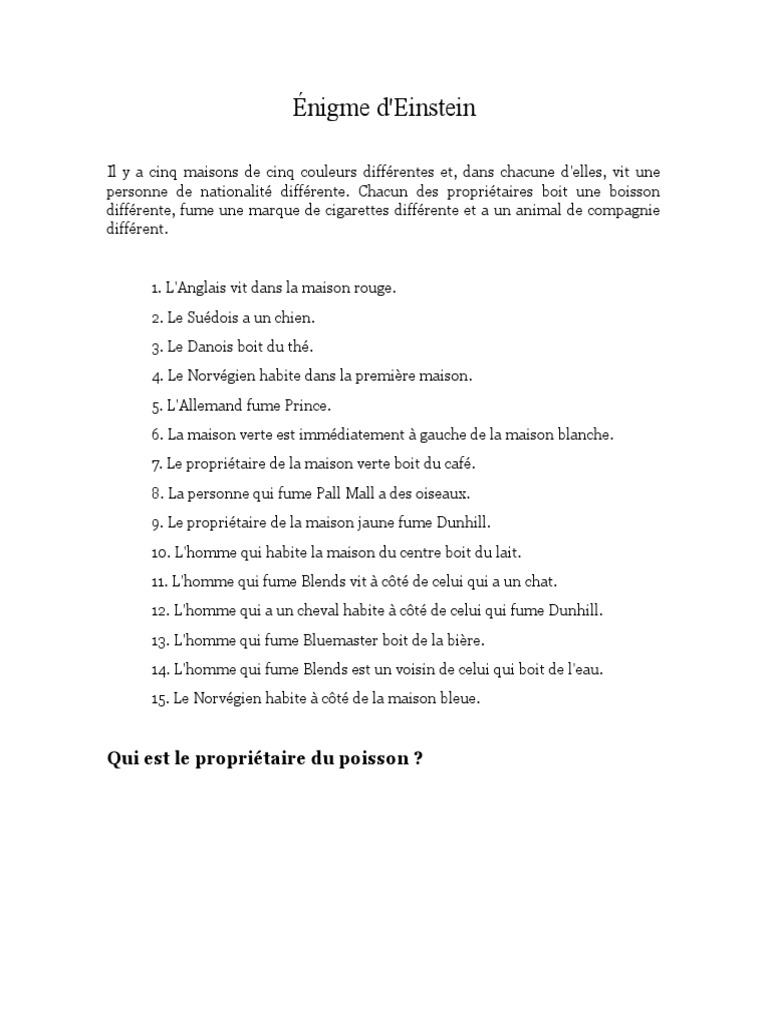 Énigme d'Einstein Qui a le poisson ? PDF — free download
