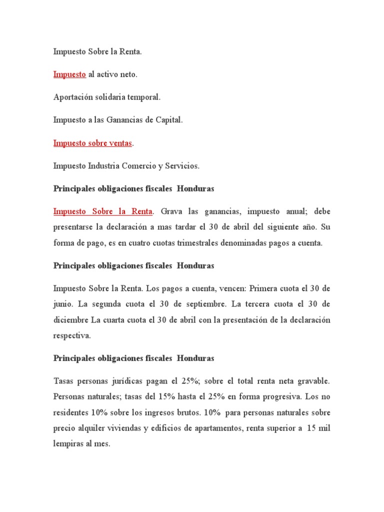 Obligaciones Fiscales en Honduras | PDF | Impuesto sobre la renta ...
