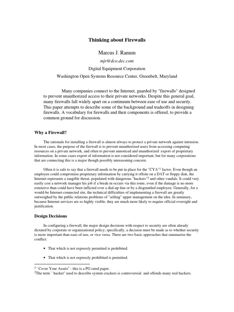 Thinking About Firewalls: Marcus J. Ranum | PDF | Router (Computing ...
