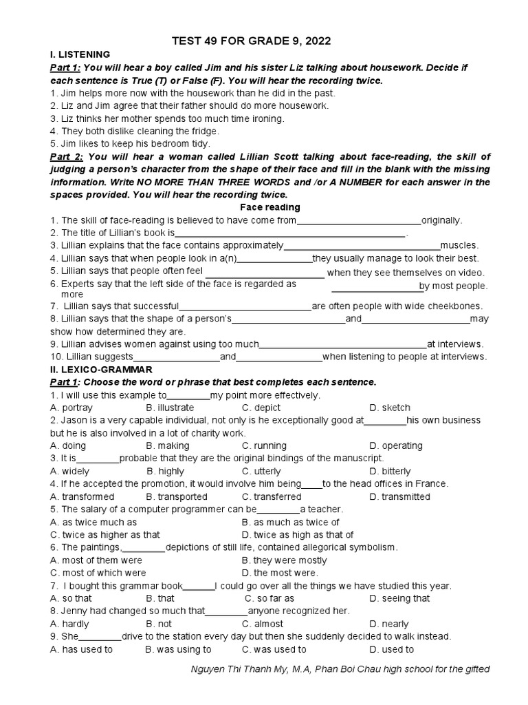 Grade 9 Listening and Grammar Test | PDF | Multilingualism | Handedness