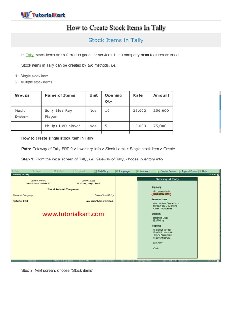 How To Create Stock Items in Tally | PDF | Inventory | Business