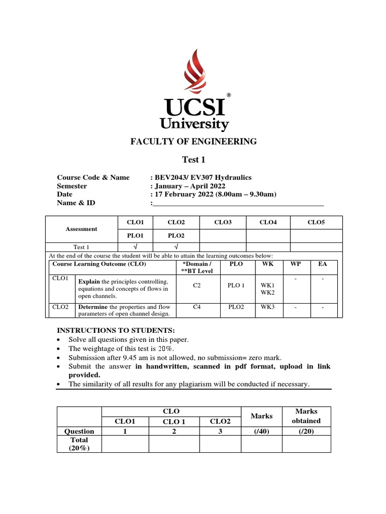 Hydraulics Test 1 Question PDF Civil Engineering Chemical