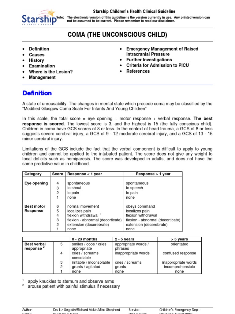 Coma (The Unconscious Child) : Starship Children's Health Clinical ...