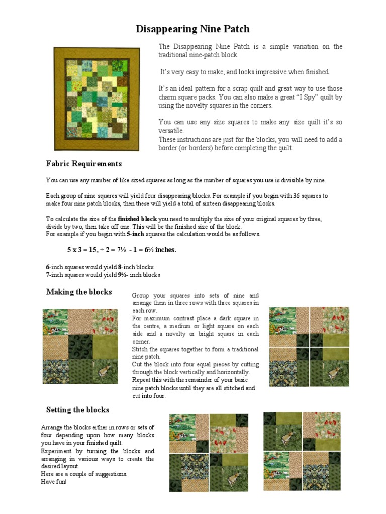 Disappearing Nine Patch Quilt Guide | PDF | Quilt