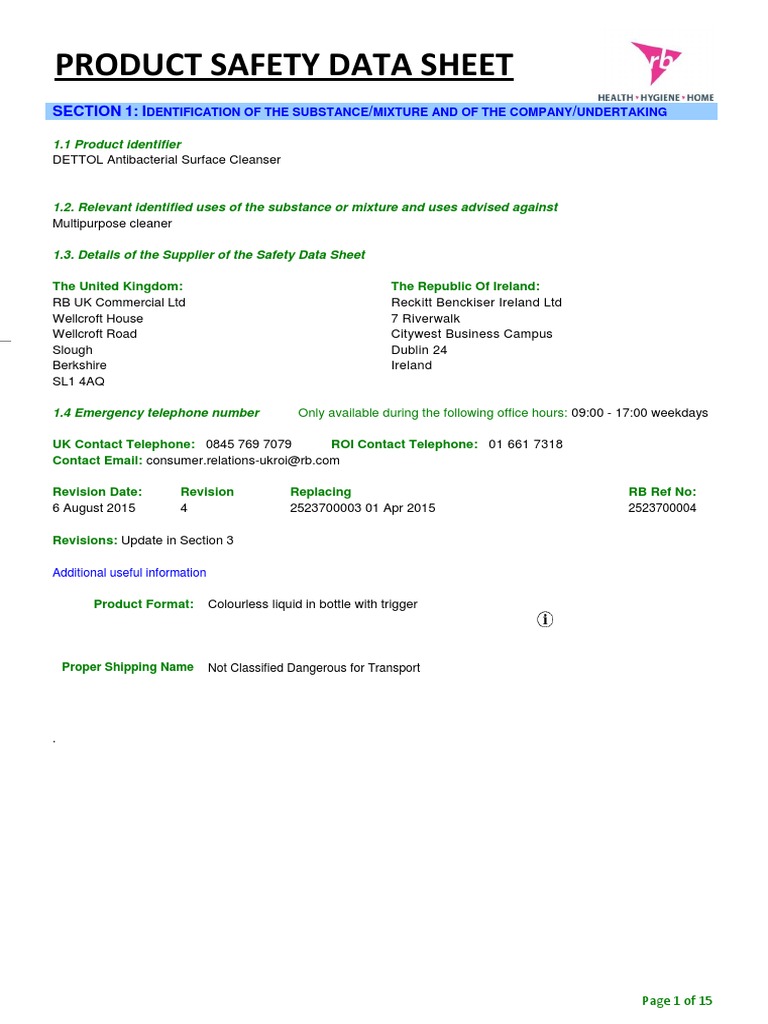 Dettol Surface Cleaner Safety Data Sheet PDF Occupational Safety