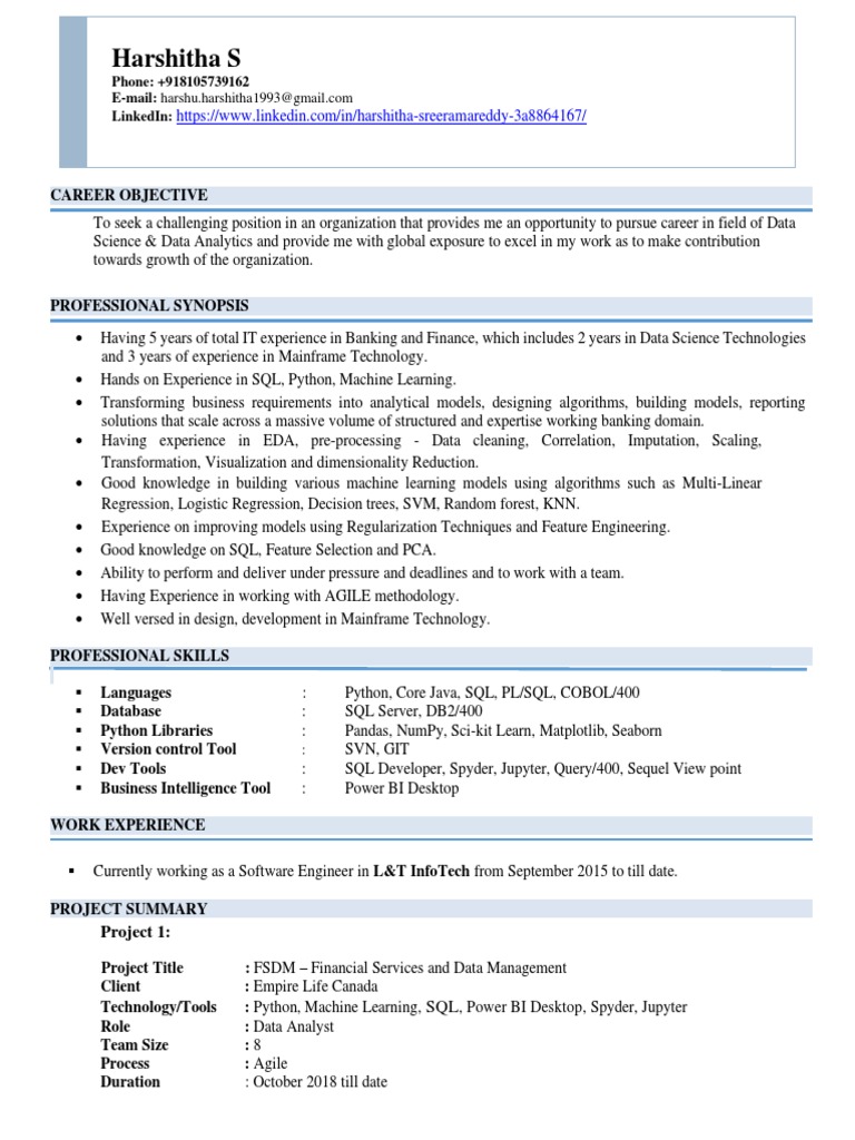 Data Science & IT Resume - Harshitha S | PDF | Data Analysis | Machine ...