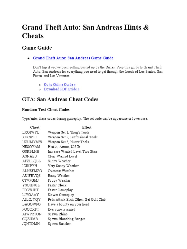 GTA San Andreas Cheats, PDF, Leisure