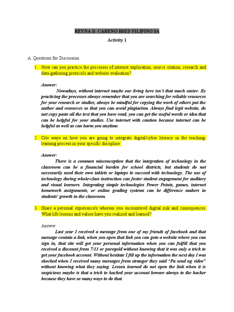 Activity 1 On Digital Literacy | PDF | Cyberbullying | Internet Troll