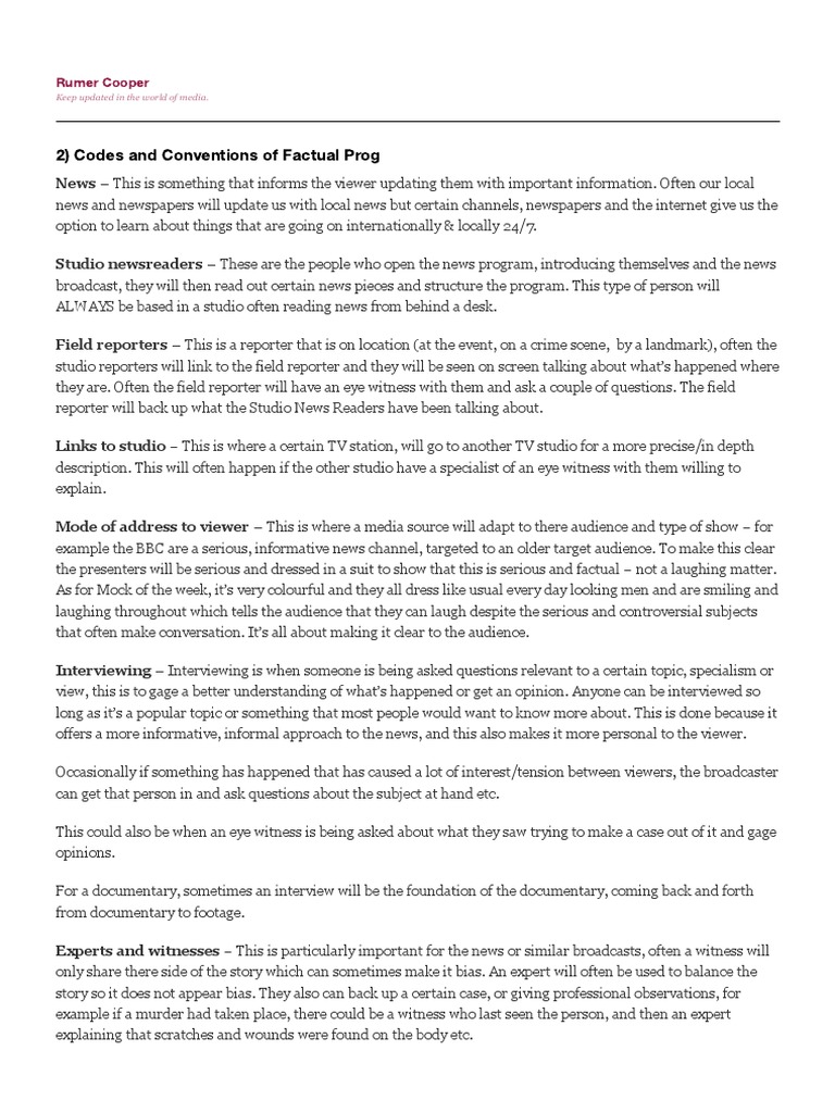 Documentary Codes and Conventions Explained | PDF | Documentary Film | News