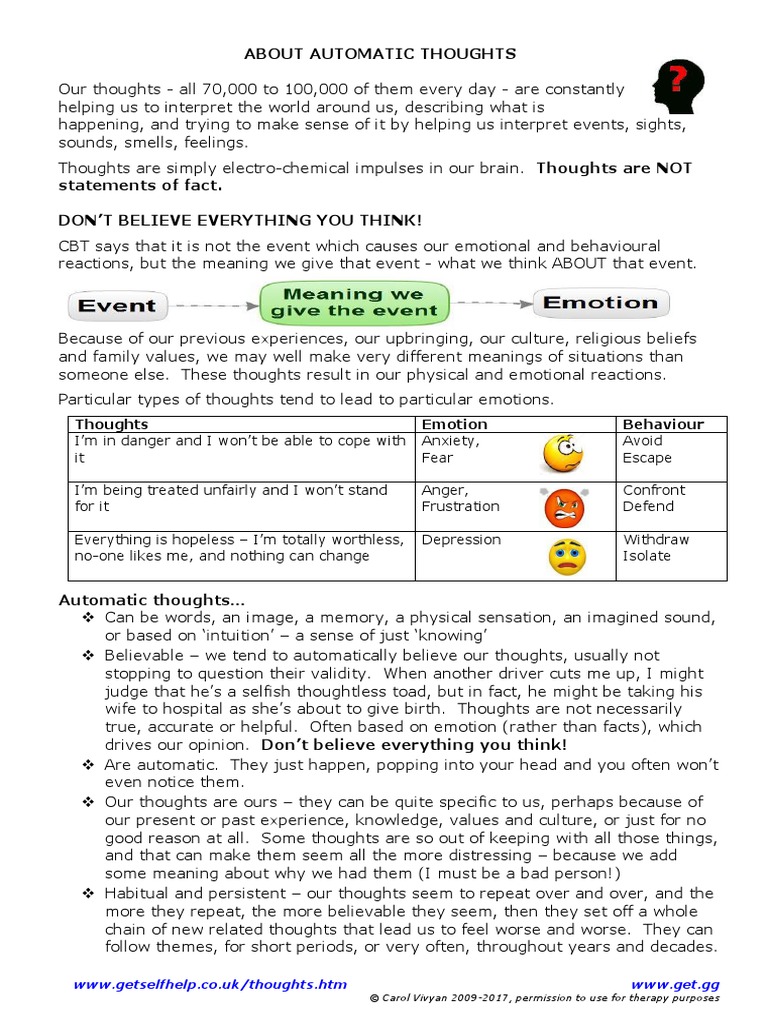 Automatic Thoughts | PDF | Thought | Experience
