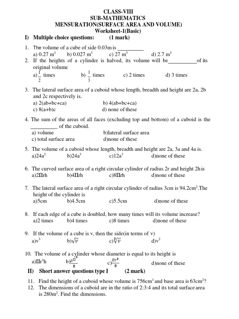Worksheet Class 8 Mensuration PDF Volume Area