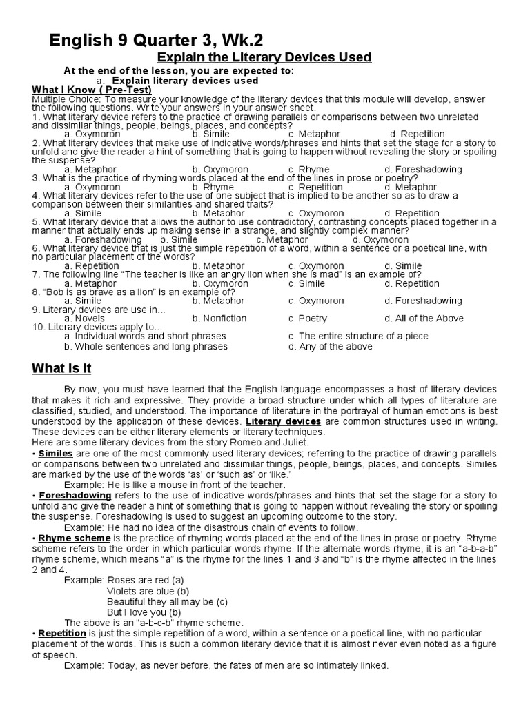 English 9 Quarter 3 WK 2 | PDF | Poetry | Rhyme
