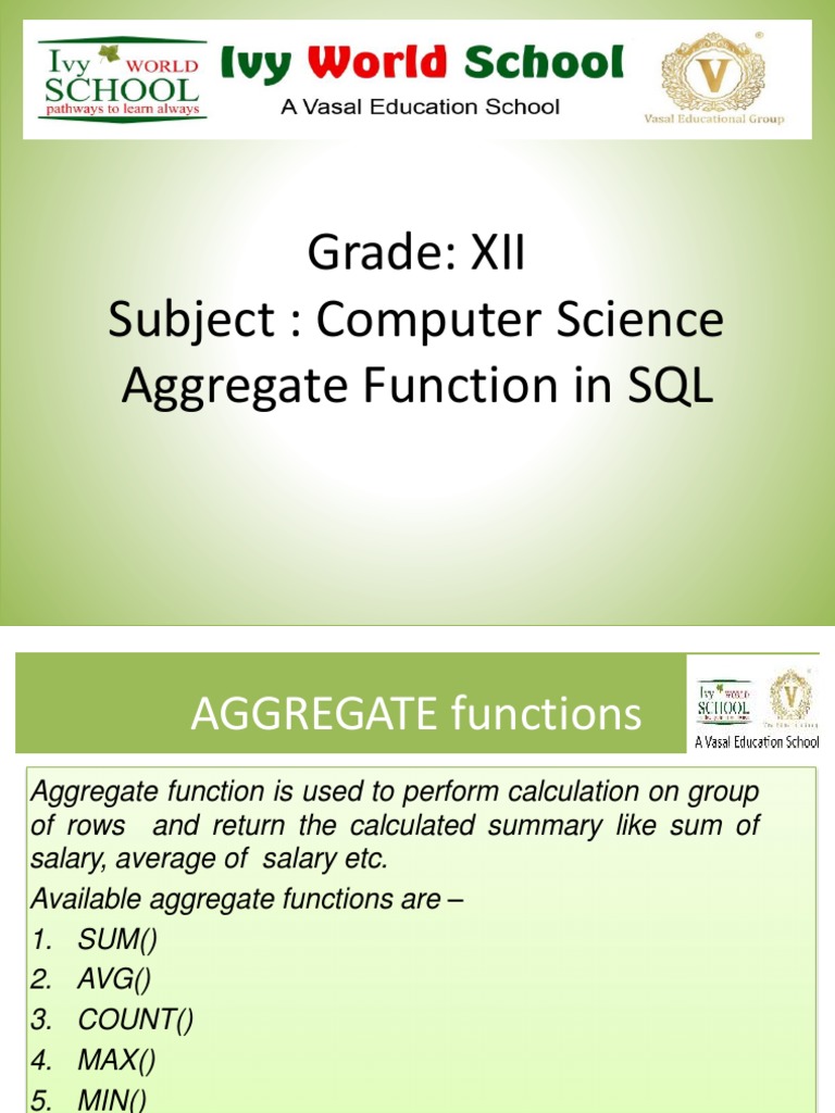 Grade: XII Subject: Computer Science Aggregate Function in SQL | PDF ...