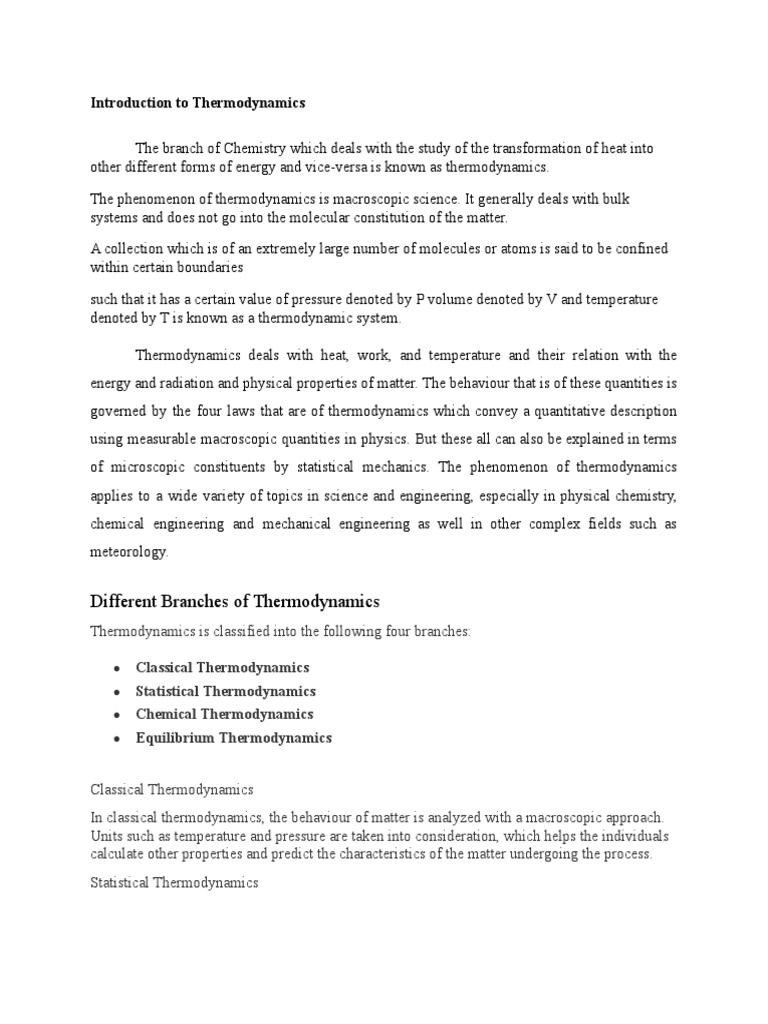 Overview of Thermodynamics Branches | PDF | Thermodynamics ...