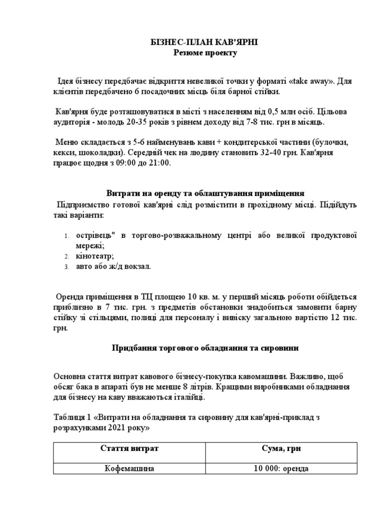 БІЗНЕС-ПЛАН КАВ'ЯРНІ 3 | PDF