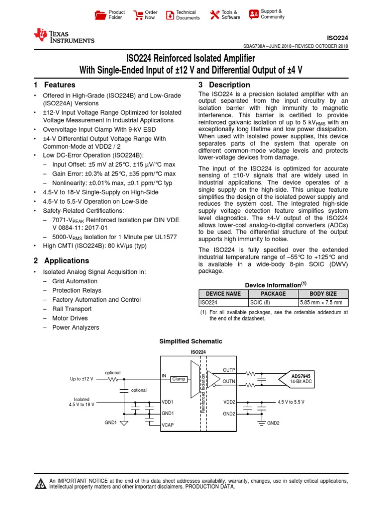 ISO224 Reinforced Isolated Amplifier With SingleEnded Input of 12 V