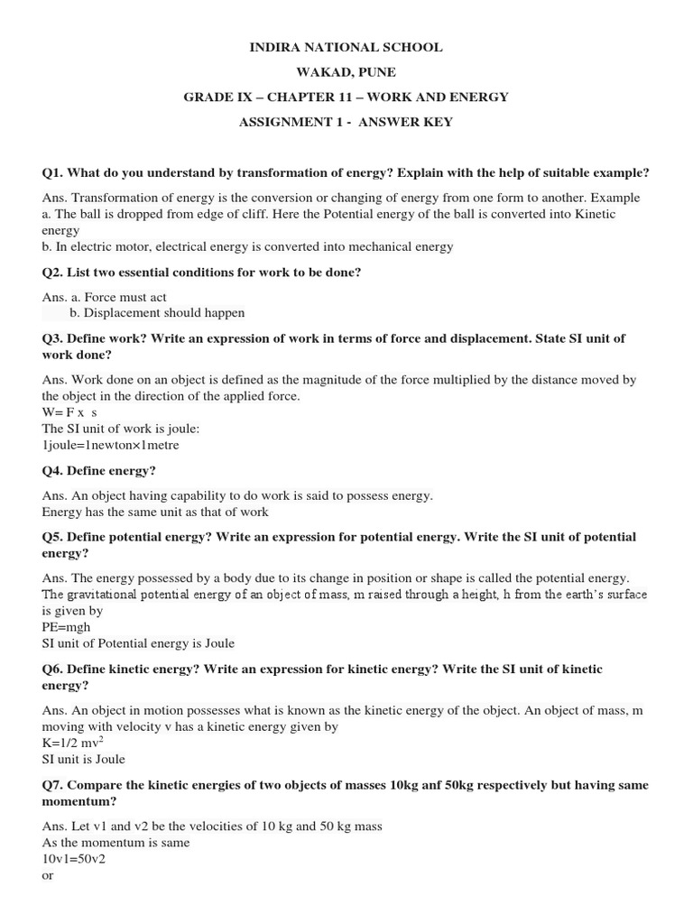 Work and Energy: Grade IX Answer Key | PDF | Potential Energy | Kinetic ...