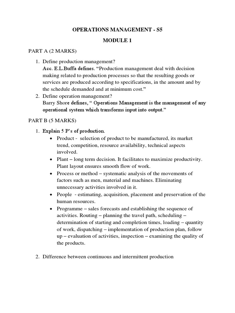OPERATIONS MANAGEMENT - Model Questions and Answers | PDF | Scheduling ...