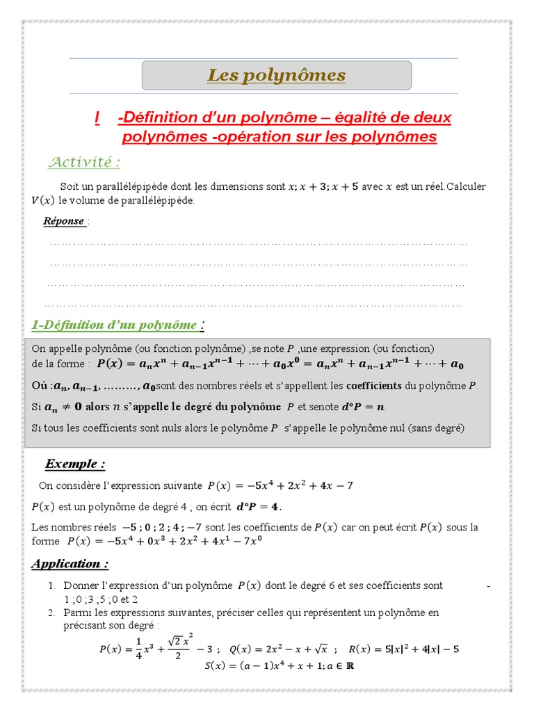 Définition et opérations sur les polynômes | PDF | Zéro d'une fonction ...
