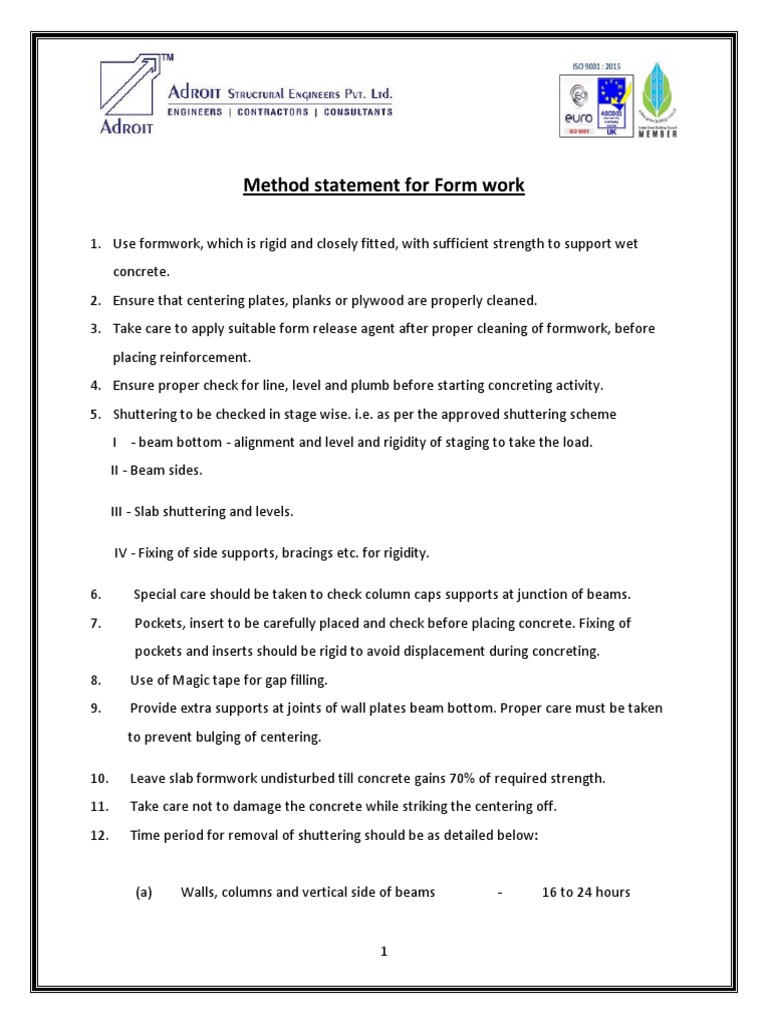 Method Statement For Form Work | PDF