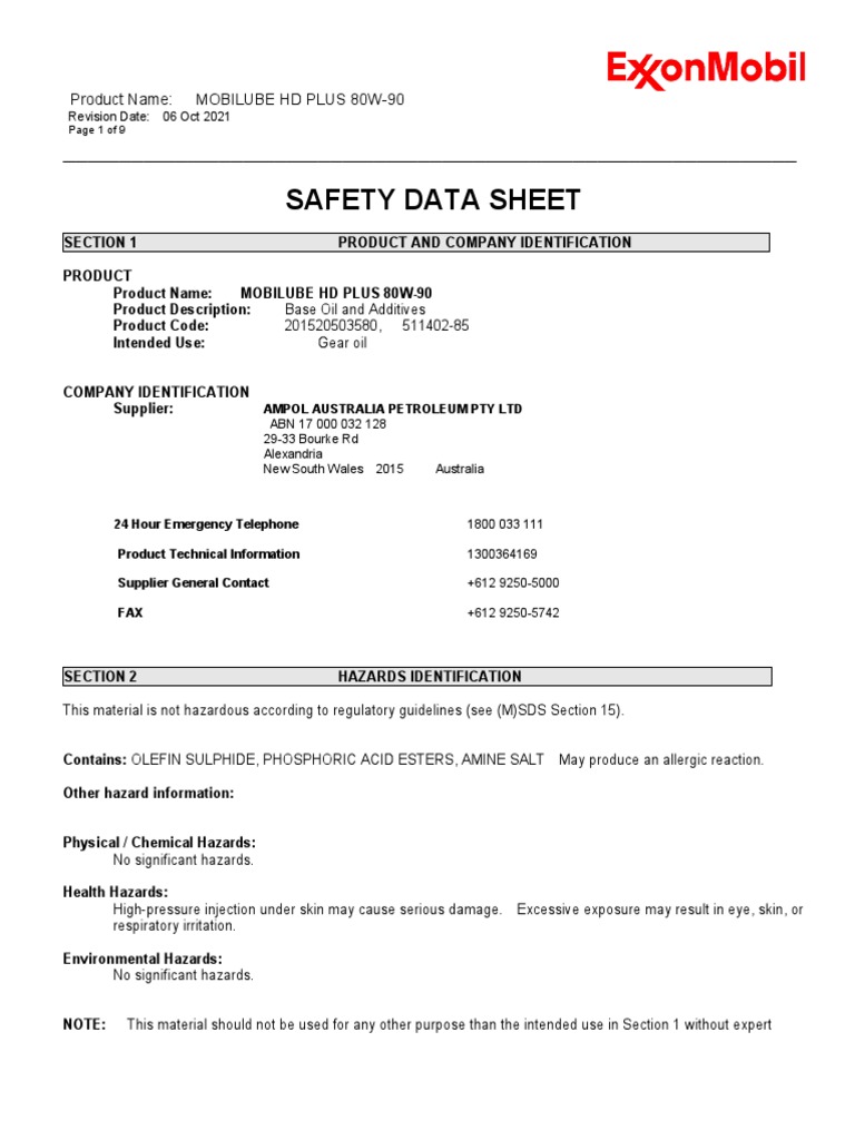 Safety Data Sheet for Mobilube HD Plus 80W90 Gear Oil PDF