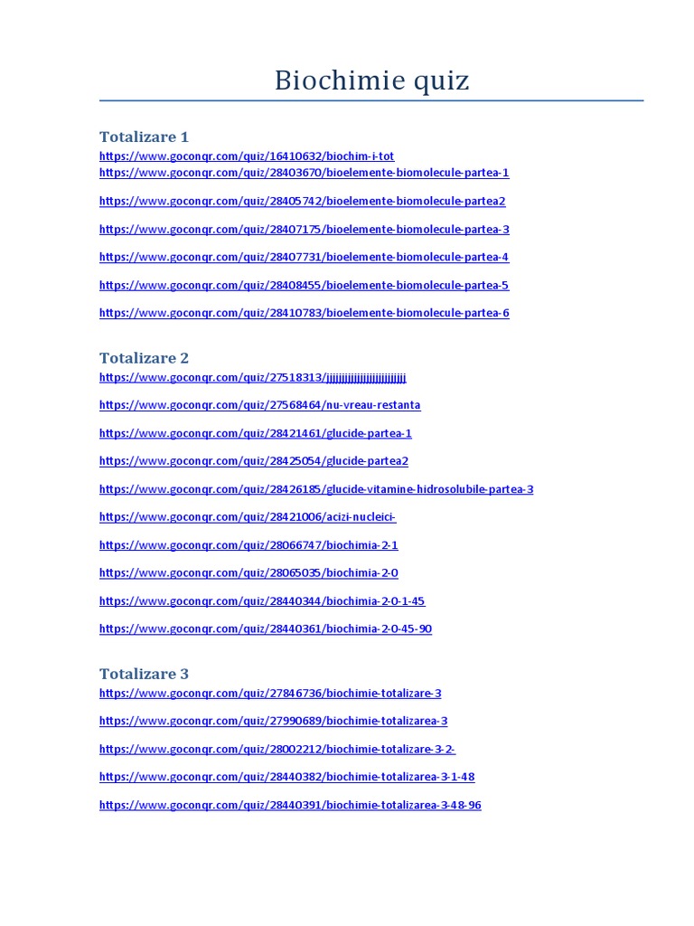 Comprehensive Biochemistry Quiz Links Covering Key Topics Biomolecules