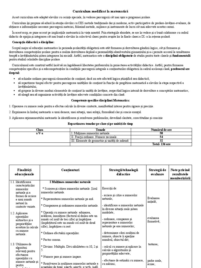 Curriculum Modificat La Matematica Clasa 5 | PDF