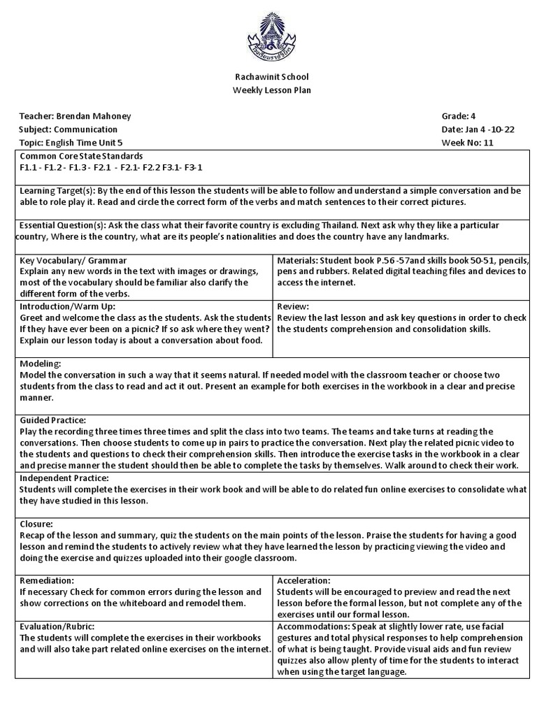 Grade 4 Weekly English Lesson Plans | PDF | Lesson Plan | Reading ...