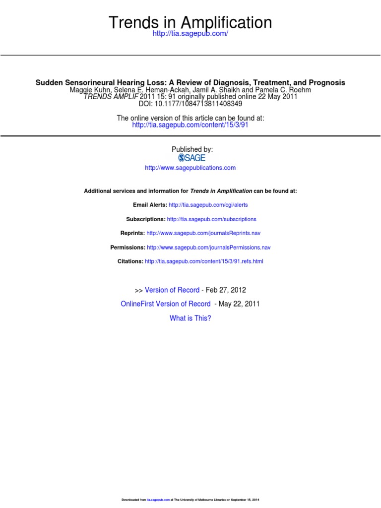 Sudden Sensorineural Hearing Loss A Review of Diagnosis, Treatment