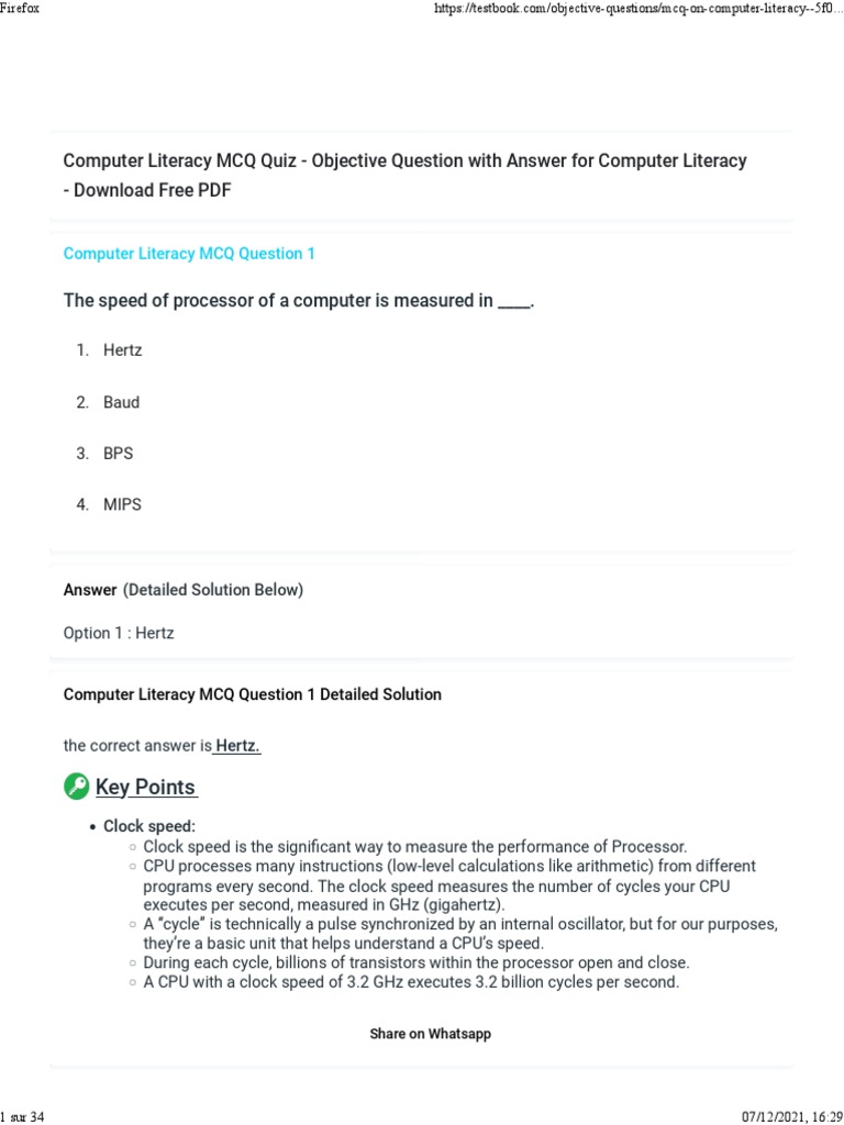 Computer Literacy MCQ Quiz - Objective Question With Answer For ...