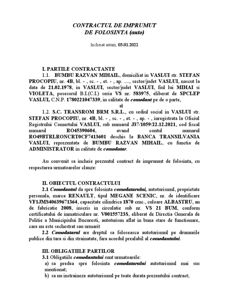 Contract De Comodat Auto Pdf : Contract de comodat (imprumut de ...